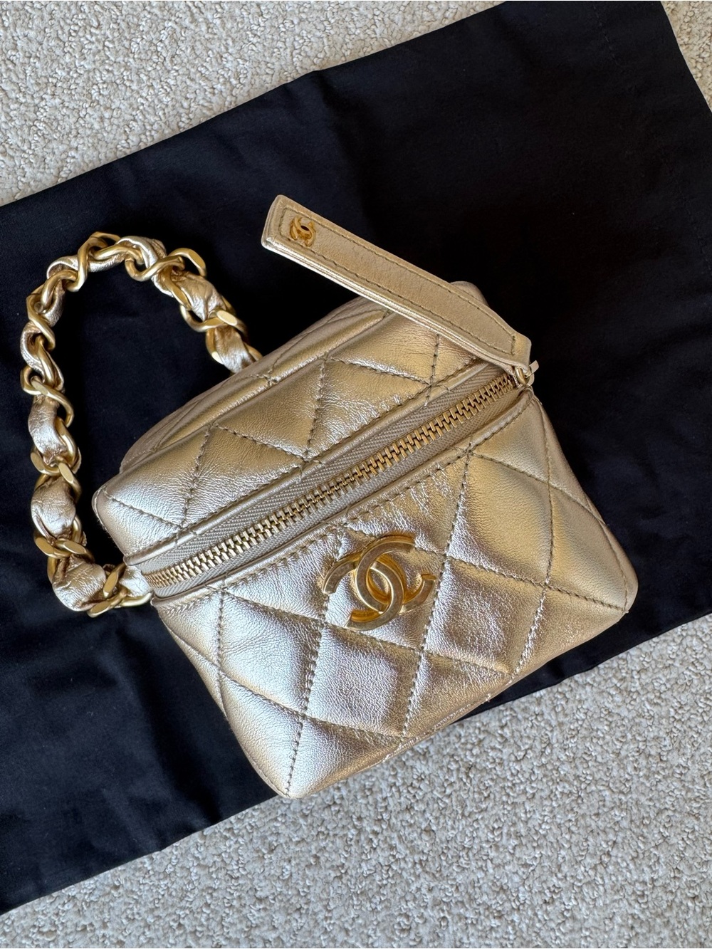 CHANEL Metallic Gold Quilted Mini Cube Vanity Bag with CC Logo, 22C collection